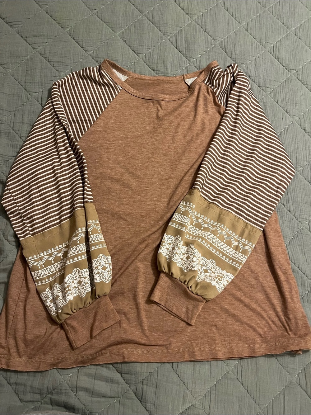 Women's Brown Long Sleeve Raglan Top with Patterned Sleeves
